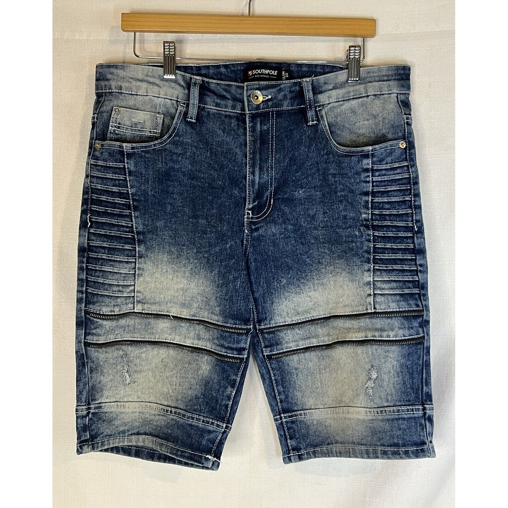 Southpole Jean Shorts Mens Size 32 Slim Blue Denim Distressed Acid Wash Zippers
